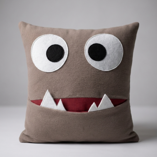 Brown plush monster pillow with big white eyes and a pocket mouth for kids room decor.